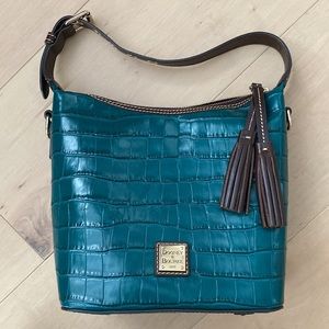 Dooney & Bourke Teal Croc-Embossed Leather Shoulder Bag with Brown Trim
